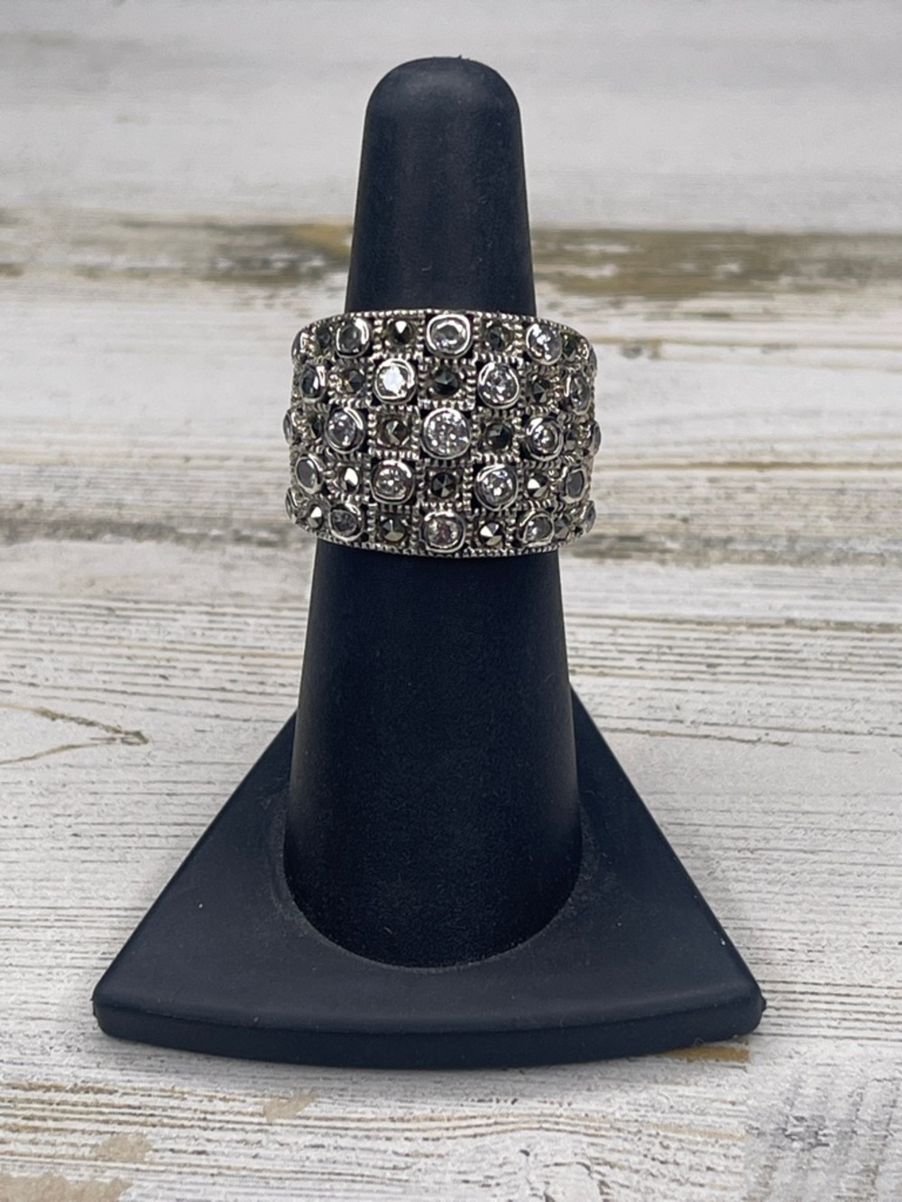 Sterling Silver Marcasite Crystal Wide Band Statement Ring